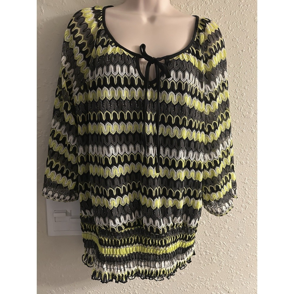 Cato Women XL Multicolor Metallic Knit Blouse 3/4 Sleeve Smocked Hem 10939